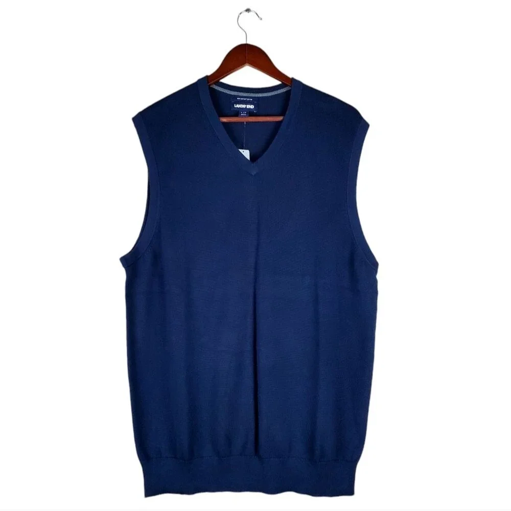 LANDS' END Men’s Navy Supima Cotton Sweater Vest Size L/T - Picture 1 of 5